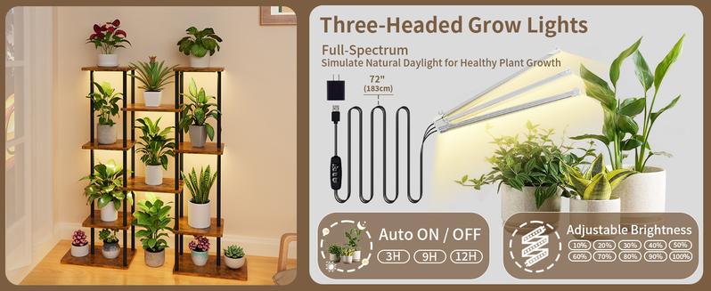 Minimalist Indoor Plant Stand with Grow Lights, 40" Tall 6 Tiered Metal Shelf, Artistic Corner Plant Holder, Organiser for Pots and Flowers, Living Room&Patio Display Rack, Perfect Gift, Easy Installation, Baking Shelves, Outdoors&Indoors, Painted Finish