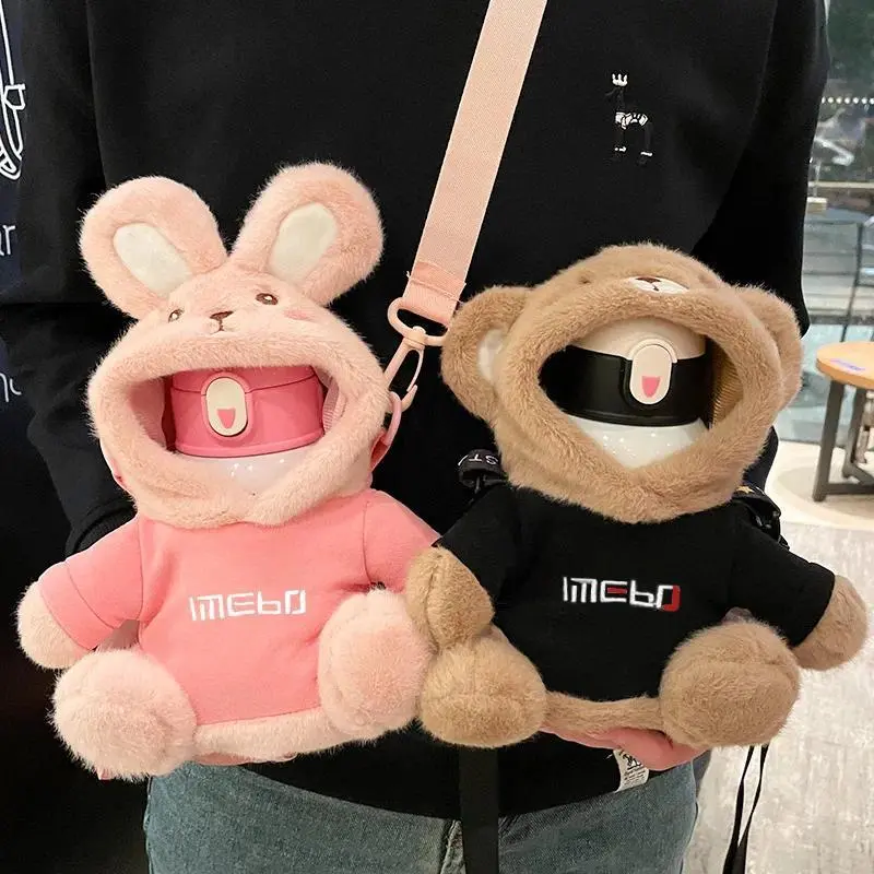 Crossbody Plush Bunny Cup Cover Heat Insulation and Anti-scalding Cute Animal Insulated Water Cup Cover With Water bottle
