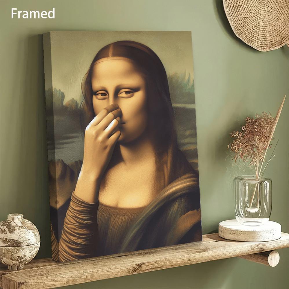 JIT Print Painting, Framed Canvas Wall Art - "Humorous Reimagining of Mona Lisa"  Classic Art with a Twist | Ready-to-Hang Decorative Poster for Office, Kitchen, Living Room, or Bedroom Perfect Gift for Creative Humor Enthusiasts