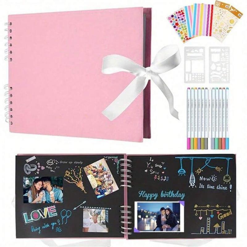 Eternal Memory Black Scrapbook Kit, Hardcover Spiral-Bound Photo Journal with Elegant Ribbon Closure, Complete DIY Memory Album Set for Couples, Weddings, Birthdays, and Travel Keepsakes