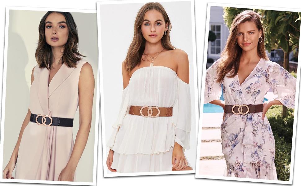 XZQTIVE Women Stretchy Wide Waist Belts, Ladies Elastic Belt for Dresses Double Ring Buckle