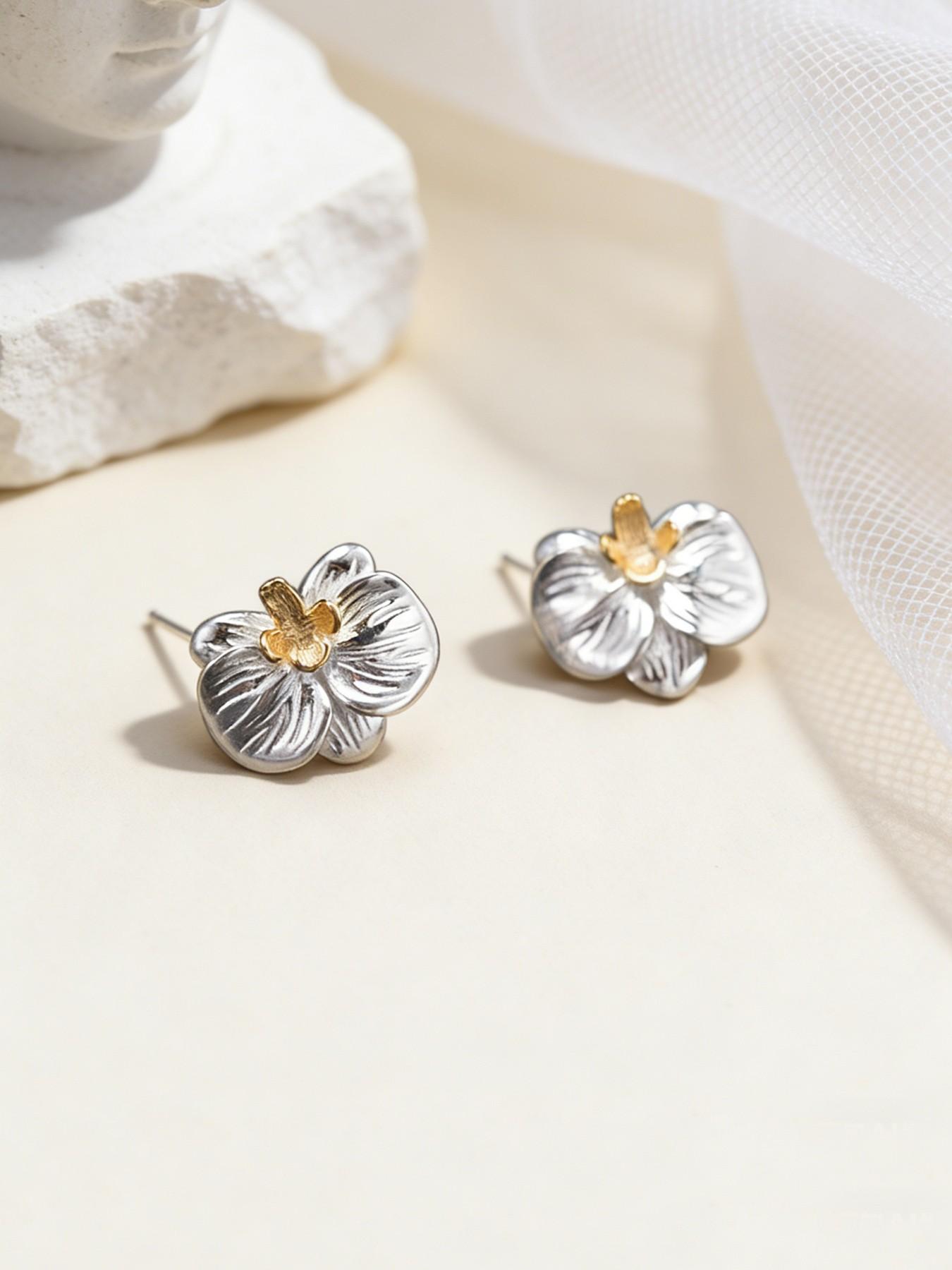New Traditional Orchid Earrings, Literary Cold Sensation 3D Floral Design, S925 Silver Color Flower Ear Jewelry, Includes Elegant Gift Box