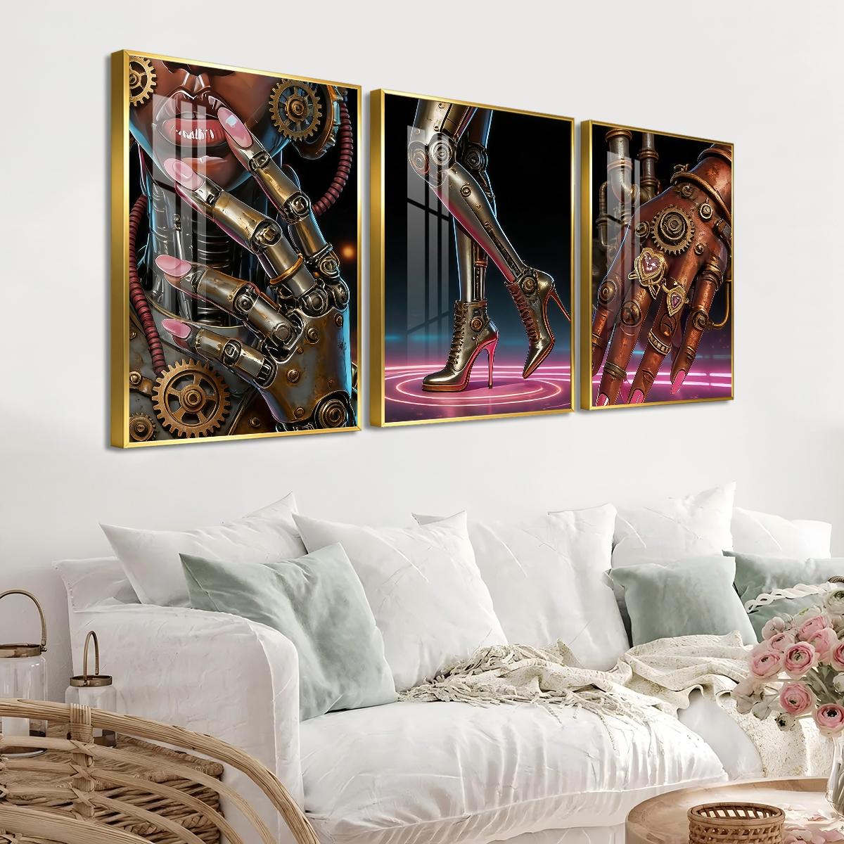 3 Counts Aluminum Alloy Framed Painting, Futuristic Cyberpunk Robot Art Pictures, Home Decoration For Living Room, Bedroom, Office, Restaurant, Hallway Wall Decor, Odorless Print Artwork, Luxury Perfect Gift For Friends And Family