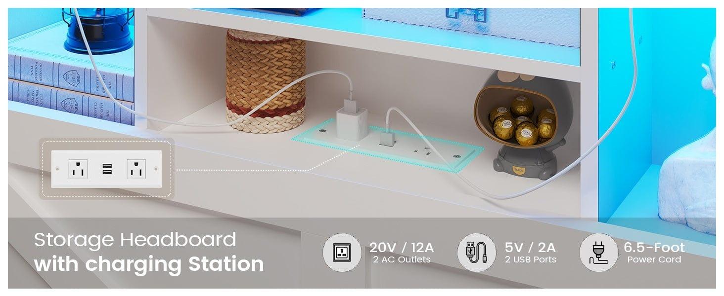 Sikaic Farmhouse Queen Bed Frame with 4 Storage Drawers and Led Lights, Wooden Bed, White Bedroom Bedframe Platform Bedframe