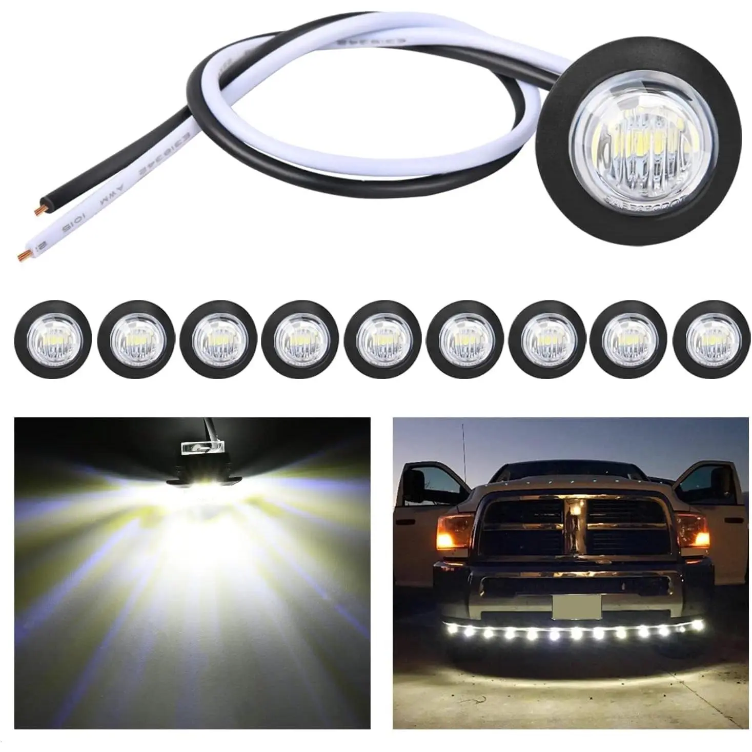 Nilight 3/4" Round LED Clearance Marker Lights,White, 10-Pack | 12V bullet-style LED marker lights for front, rear and side applications on trailers, trucks, RVs, vans and buses