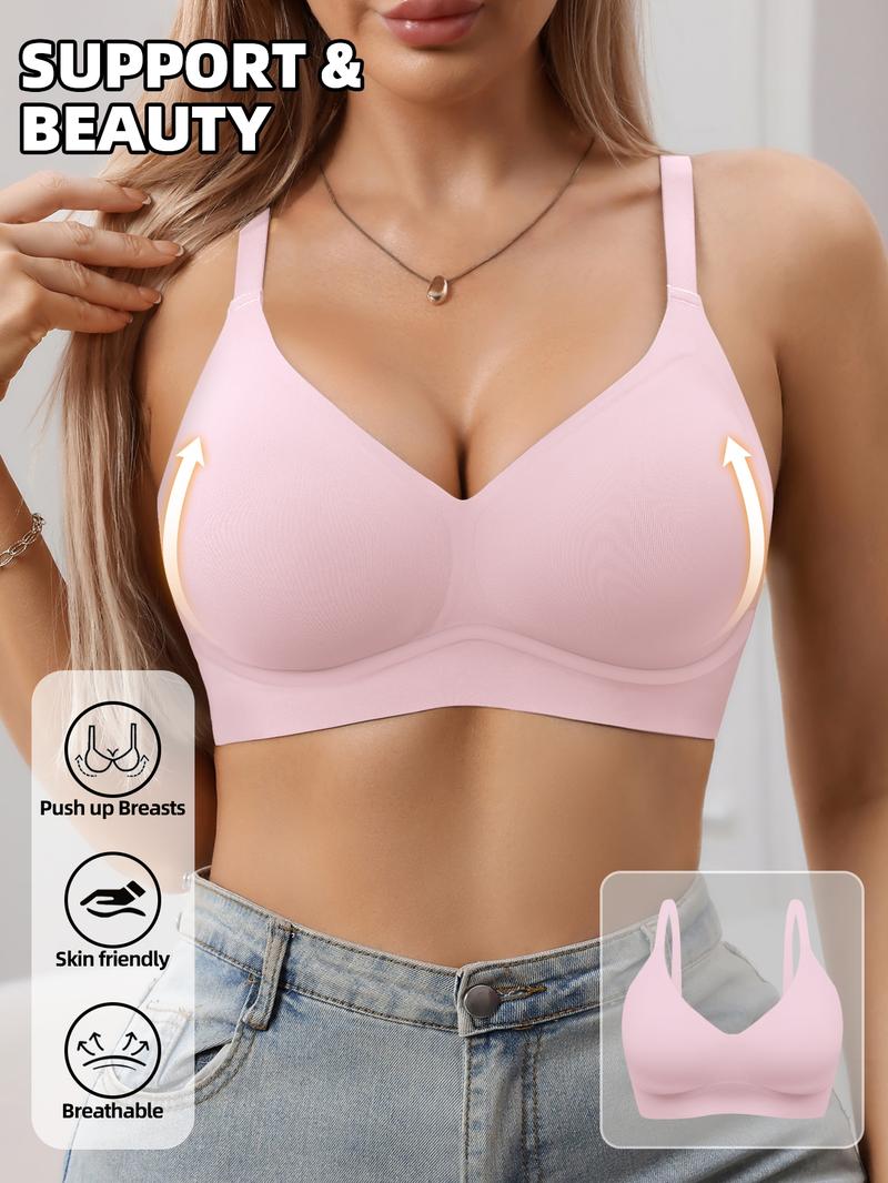Women's Wireless Jelly Bra, Deep V Design, Medium Support, Plain Pattern, Fitted Lining, All Seasons, Casual Style