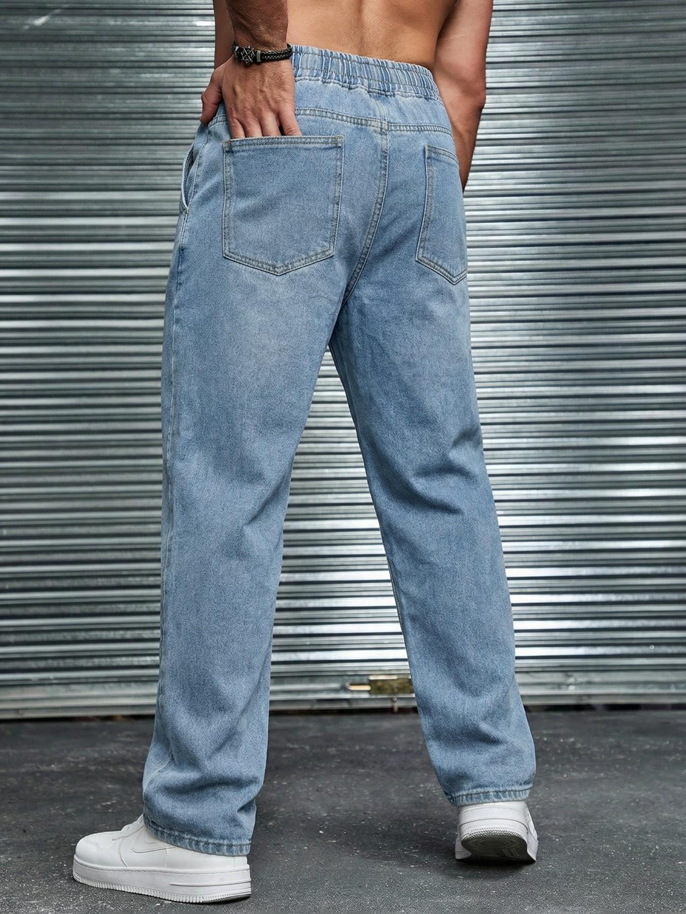 Men's drawstring elastic waist straight-leg fitted jeans, non-stretchy denim long pants, comfortable straight-leg fit, suitable for daily casual wear, a must-have trendy men's long pants 🔥