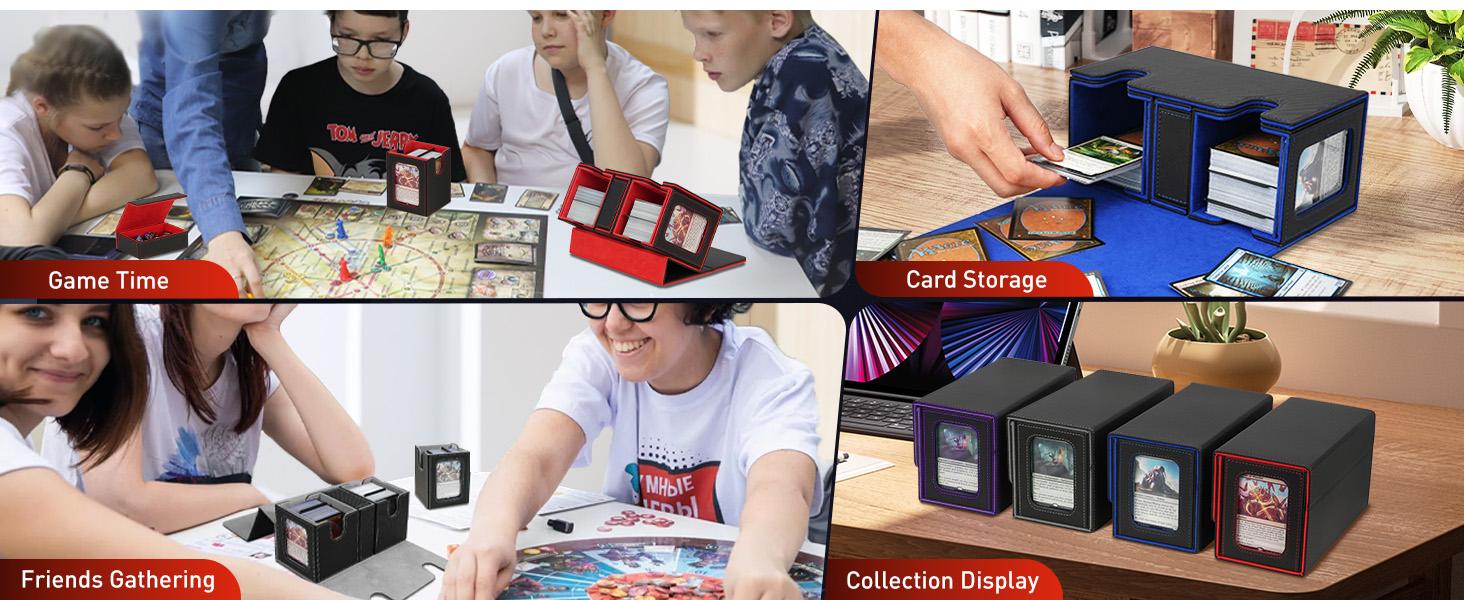 MTG Deck Box, Commander Deck Case Fits 200+ Double-Sleeved Cards, Magnetic Leather Card Storage Box with 2 Commander Display & 4Dividers & Dice Tray Fit YuGiOh TCG CCG Magic Cards, Black+Blue