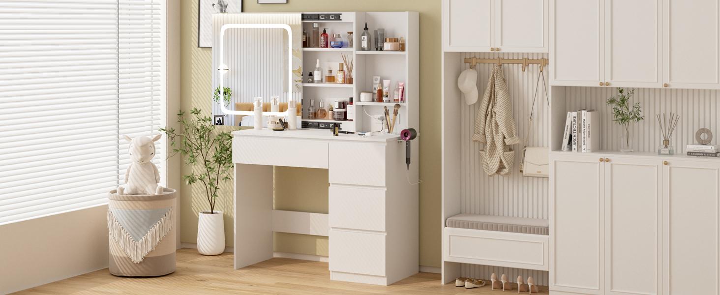Vabches Vanity Desk with Mirror and Lights,Make Up 4 Drawers Table with Glass Door Storage Cabinet,Charger Station,3 Lighting Color Dressing Table for Bedroom,37inch