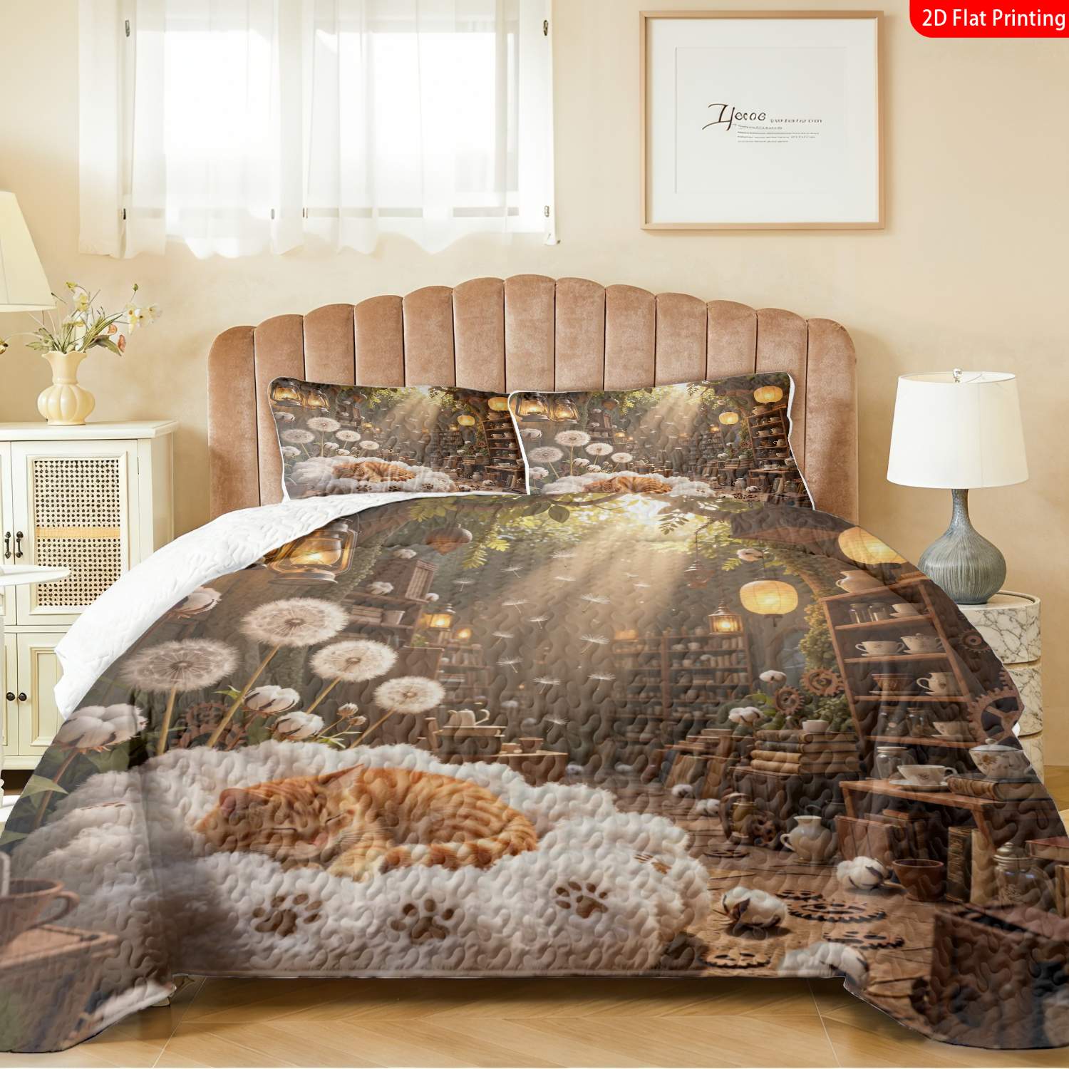 3 pcs, 2D flat print Cozy Cottagecore bed cover set Whimsical Cat & Dandelion, multiple sizes available, bedding set, festive decorative bedding, ideal for bedroom decor(1 bedspread , 2 pillowcases)