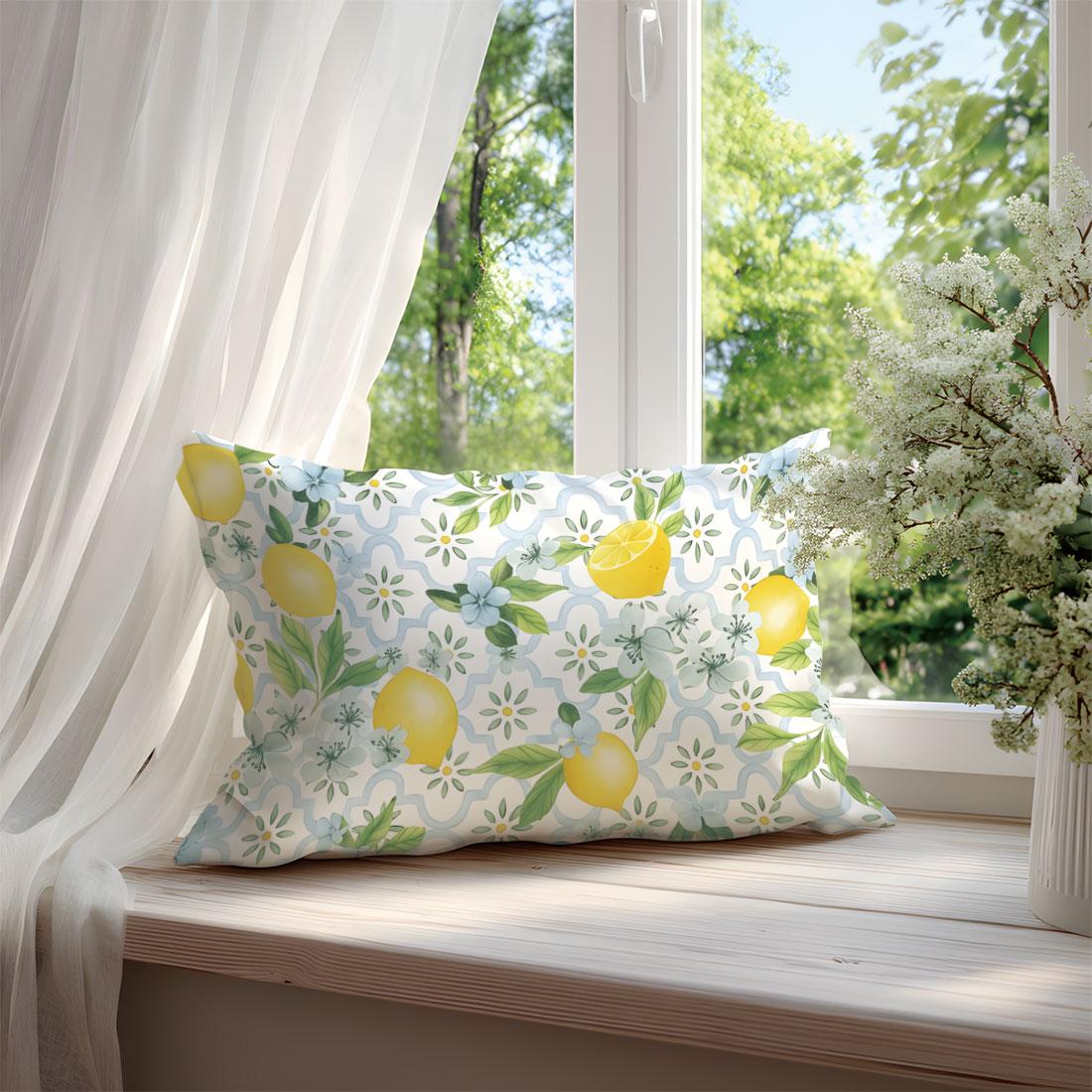 Lemon Blue Watercolor Porcelain Pattern Pillow Cover, Single Side Print, Rectangular Home Decor, Living Room Bedroom, No Insert Included