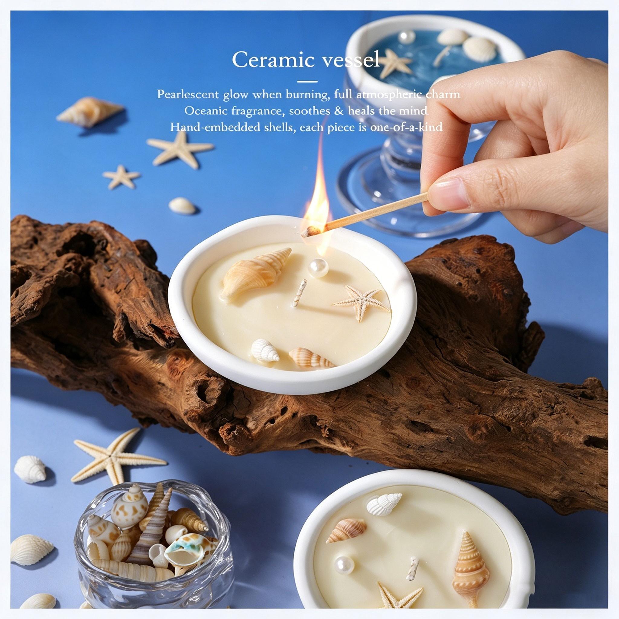 Ocean Aromatherapy Candle, Shell Starfish Pearl Decor, 2 Colors, Long-Lasting Ocean Scent, Non-Toxic Wax, Coastal Home Spa Gift