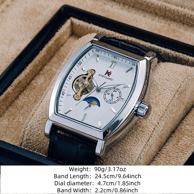 Luxury Automatic Mechanical Watch for Men, Analog Dial, Leather Strap, Moon Phase Display, Minimalist Barrel Design, No Battery Needed
