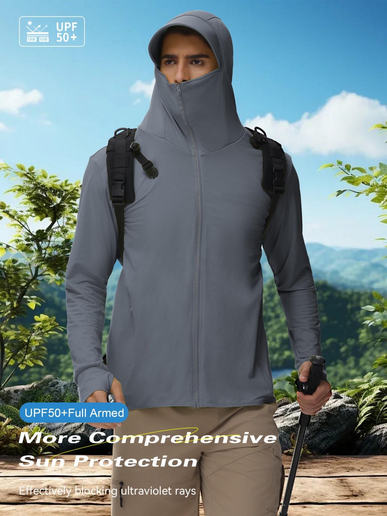 Men's Ice Silk Hooded Sun Protection Jacket, Full Face UV Shield, Breathable Quick-Dry, Outdoor Hiking Climbing Running Cycling Sports Coat