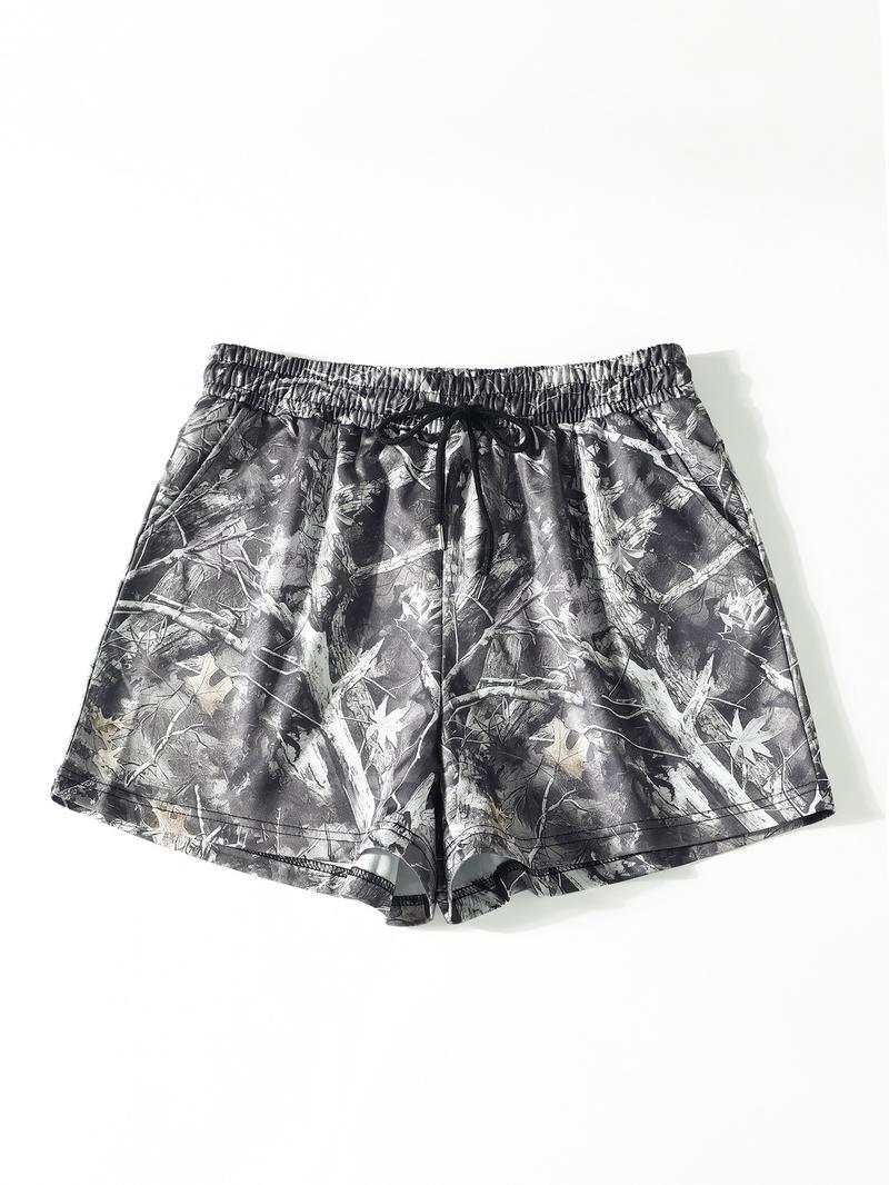 Vintage Street Withered Branch Camo Print Loose-Fit Gym Shorts, Casual All-Season Wear, Moderate Fabric Thickness, Kint Style, Athletic Shorts