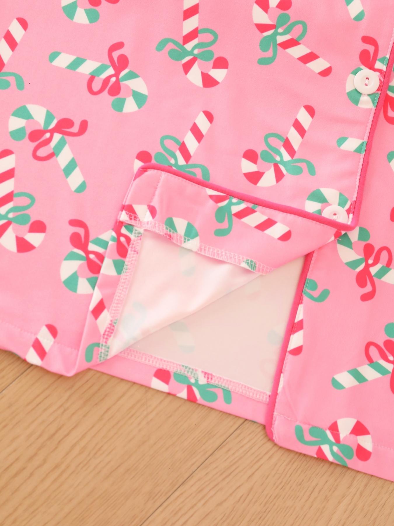 2 pieces of ladies' Christmas cane candy printed short sleeved shorts sleepwear set with buttons, collars, bows, suitable for comfortable and casual home wear in all seasons Pajama Set