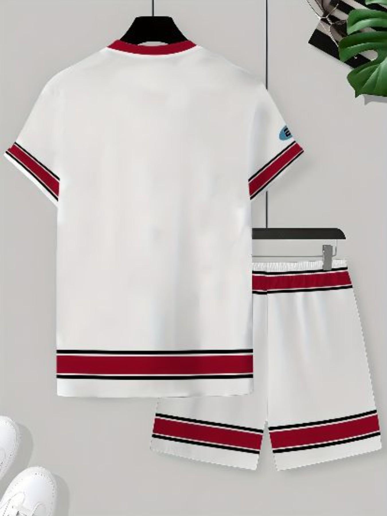 Summer Adult Men's T-Shirt and Shorts Set, Striped Patchwork 66 Number Sports Digital Print, Casual Daily Wear, 2-Piece