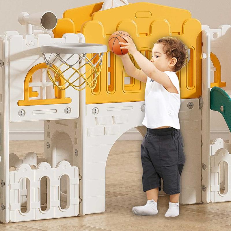 SUNNYGLADE 7 in 1   Multifunction  Toddler Slide, Kids Climber Slide with Storage Space and Non-Slip Steps, Toddler Playset with Basketball Hoopa and Telescope,   Colorful  Indoor Outdoor Playground for Toddler