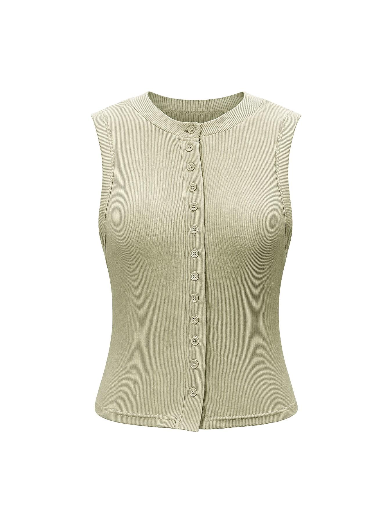 Vintage Round Neck Sleeveless Vest, Slim Fit Knitted Open Front Short Top, Retro Style Button Closure, Fashionable Ladies' Wear, Womenswear, Casual Comfy Vests