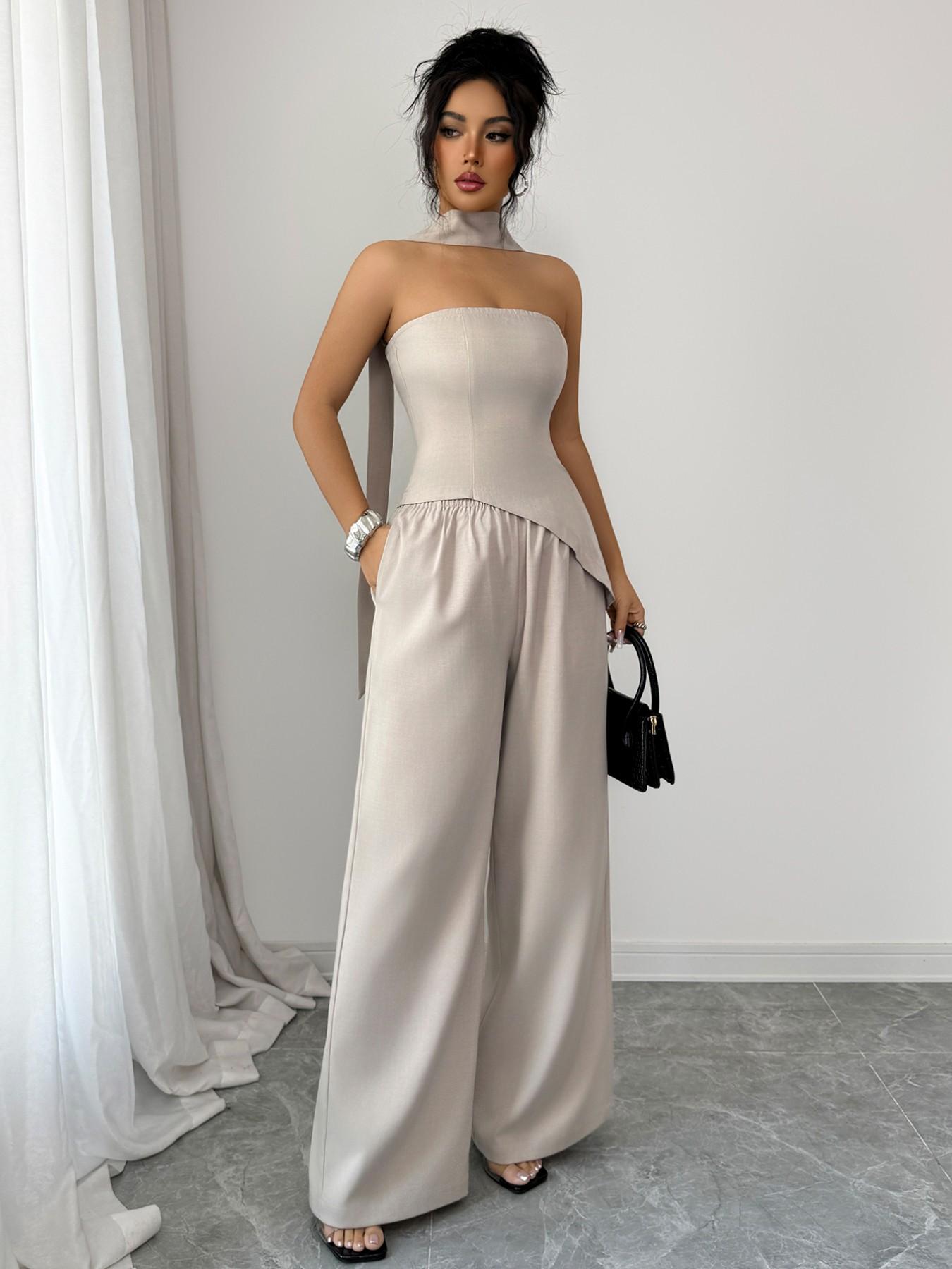 Design Sensational Pure Color Irregular Hem Halter Top Set with Draped Belt & Long Pants, Casual Two-Piece for Women