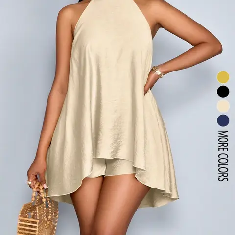 Women's Asymmetrical Hem Halter Neck Backless Top and Shorts Set, Loose Fit, Lightweight, Sleeveless, Casual Style, Suitable for All Seasons, Perfect for Commuting and Shopping, Clothes, Relaxed Lounge Set