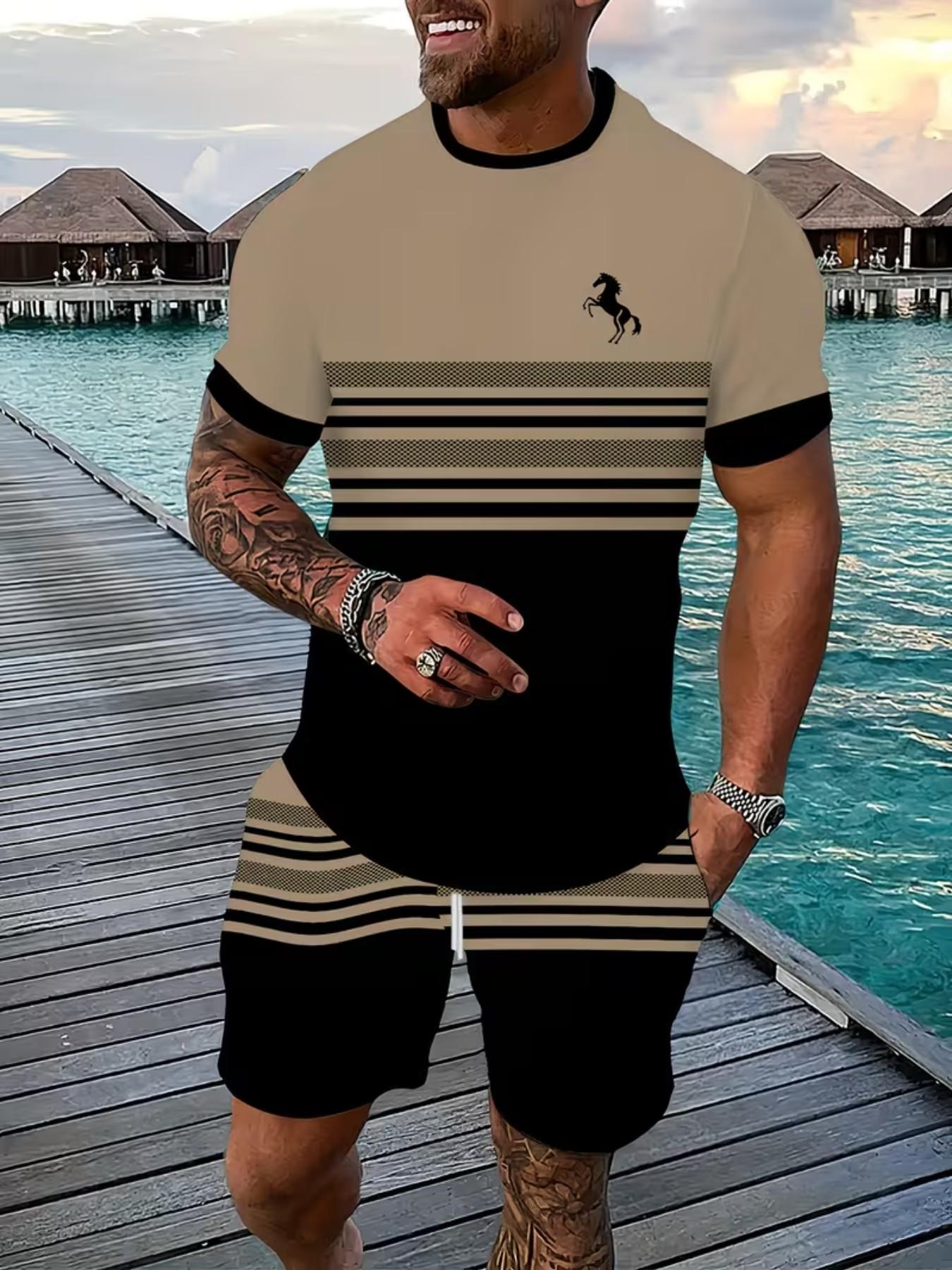 Men's Summer Casual Two-Piece Set, Round Neck Short Sleeve T-Shirt & Drawstring Pocket Shorts, Stretch Knit Fabric, Outdoor Sports