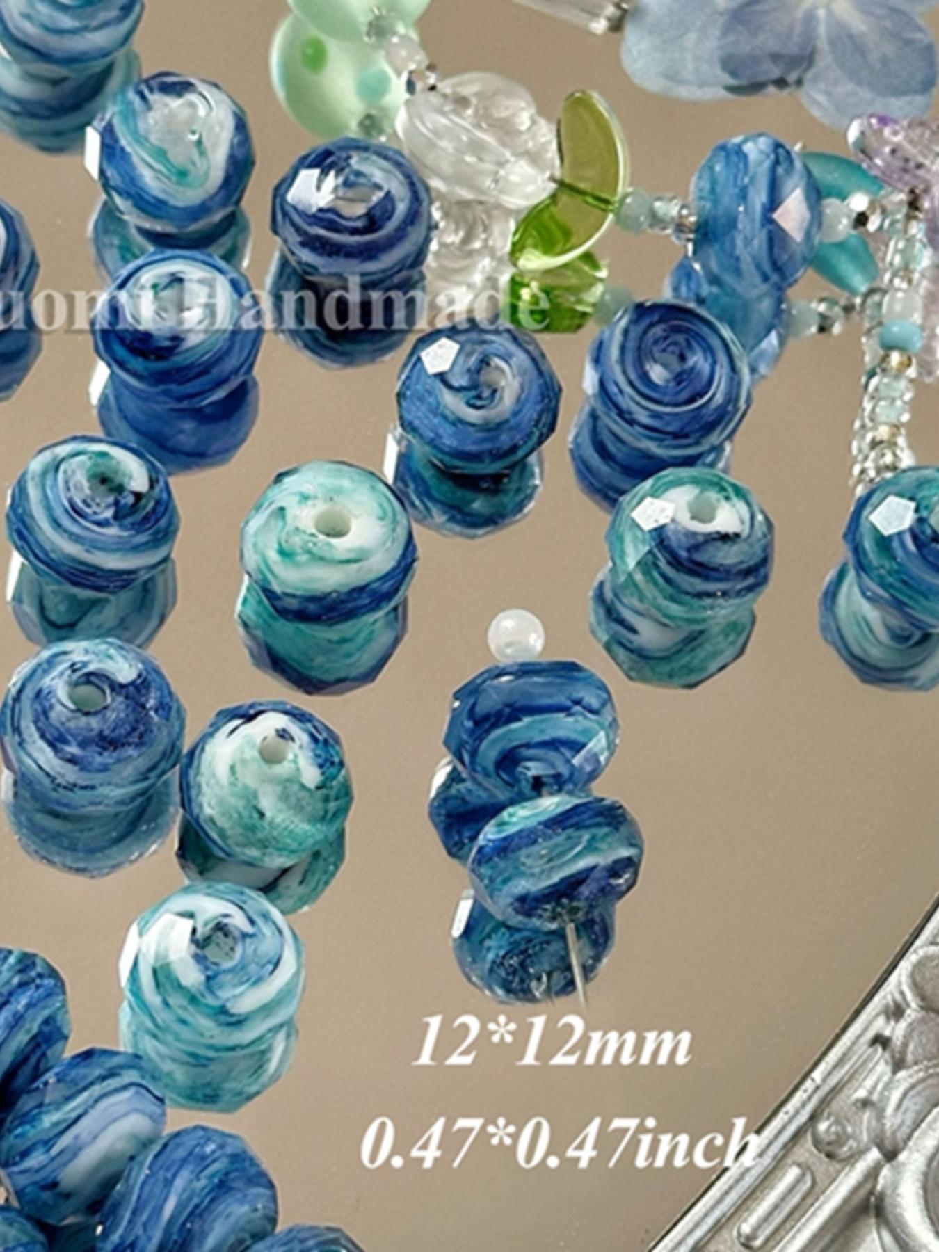 5pcs Blue Oil Painting Style Cut Glass Beads for DIY Jewelry Making, Ditsy Floral Pattern, Contemporary Design for Bracelets & Necklaces