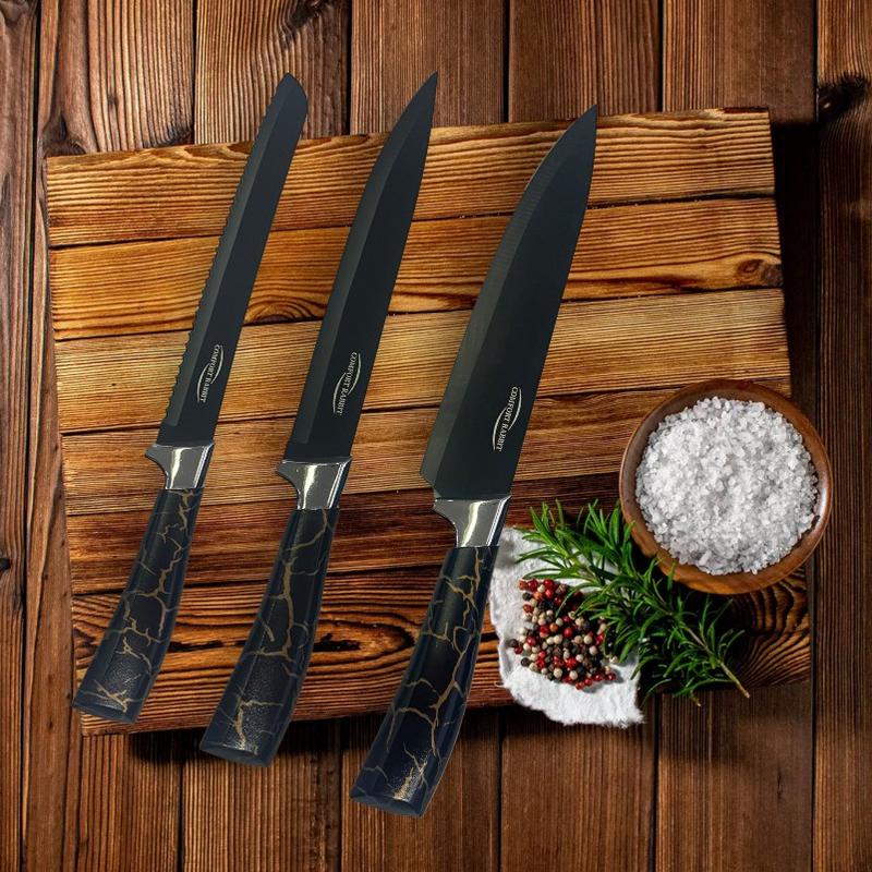 6-Piece Black Professional Kitchen Knife Set This set of knives features sharp blades and ergonomic handles, including ultra-sharp meat knives, perfect for professional chefs. Block Cutting Kitchenware Home Stainless Steel