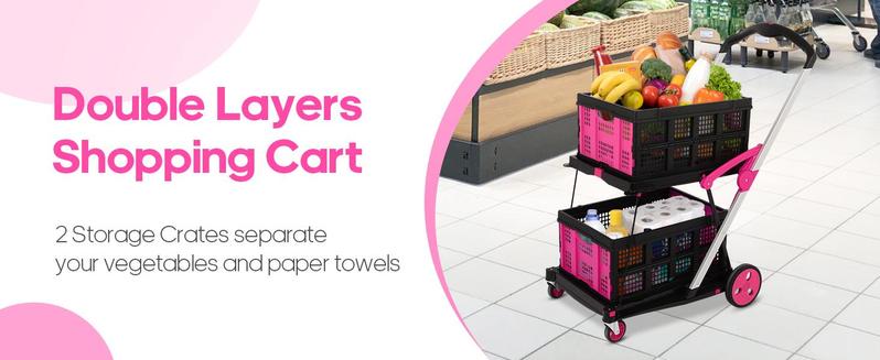 Multi-Use Functional Collapsible Carts | Mobile Folding Trolley | Shopping Cart with Storage Crate，Foldable Utility Cart with Wheels