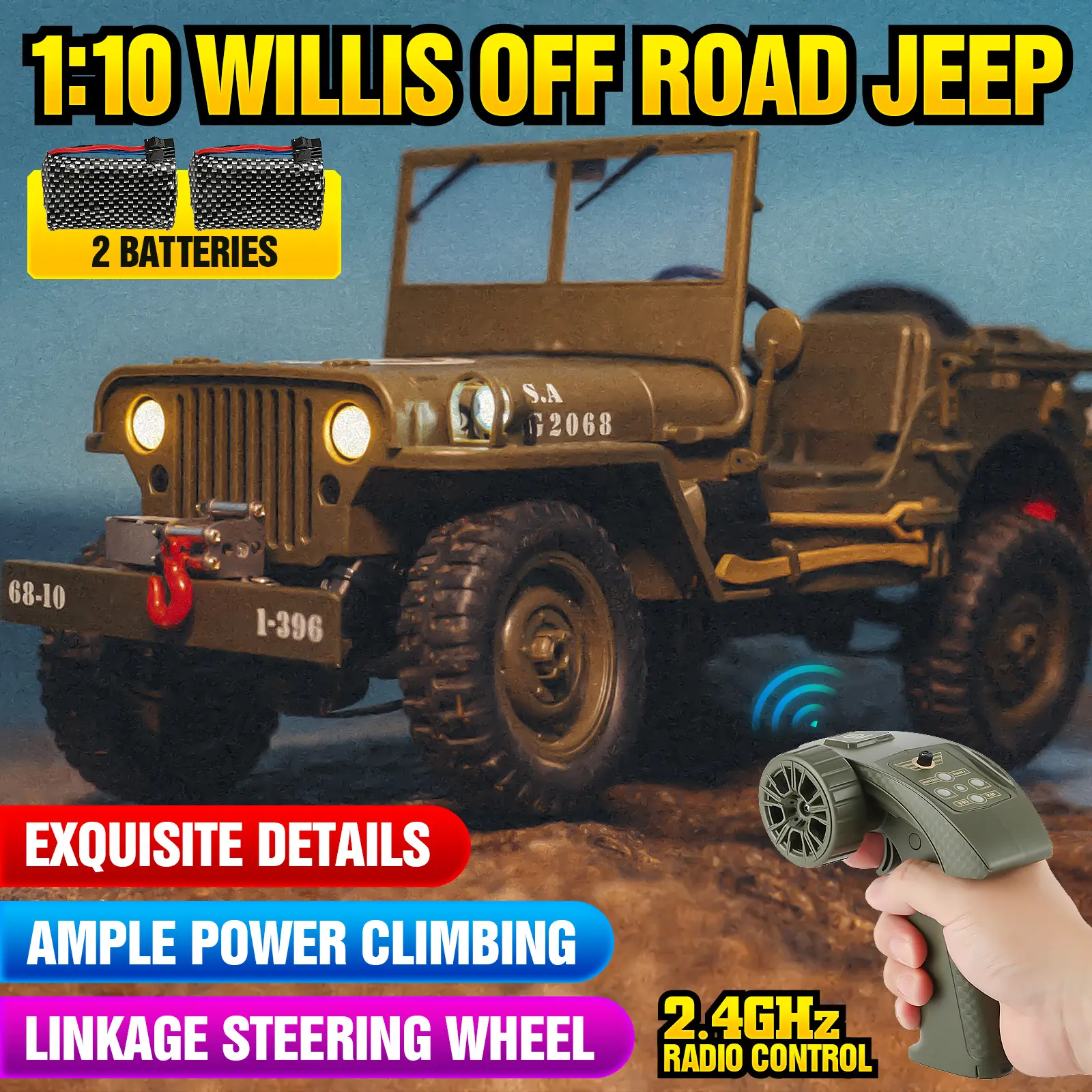 Professional Full-Size Proportional Transmission Willys Remote Control Off-Road Vehicle with Two Batteries RC All-Terrain Outdoor Climbing Car Alloy Chassis Steering Linkage Multi-Mode Lights, Supports Optional Body Tarp and Electric Winch Installation