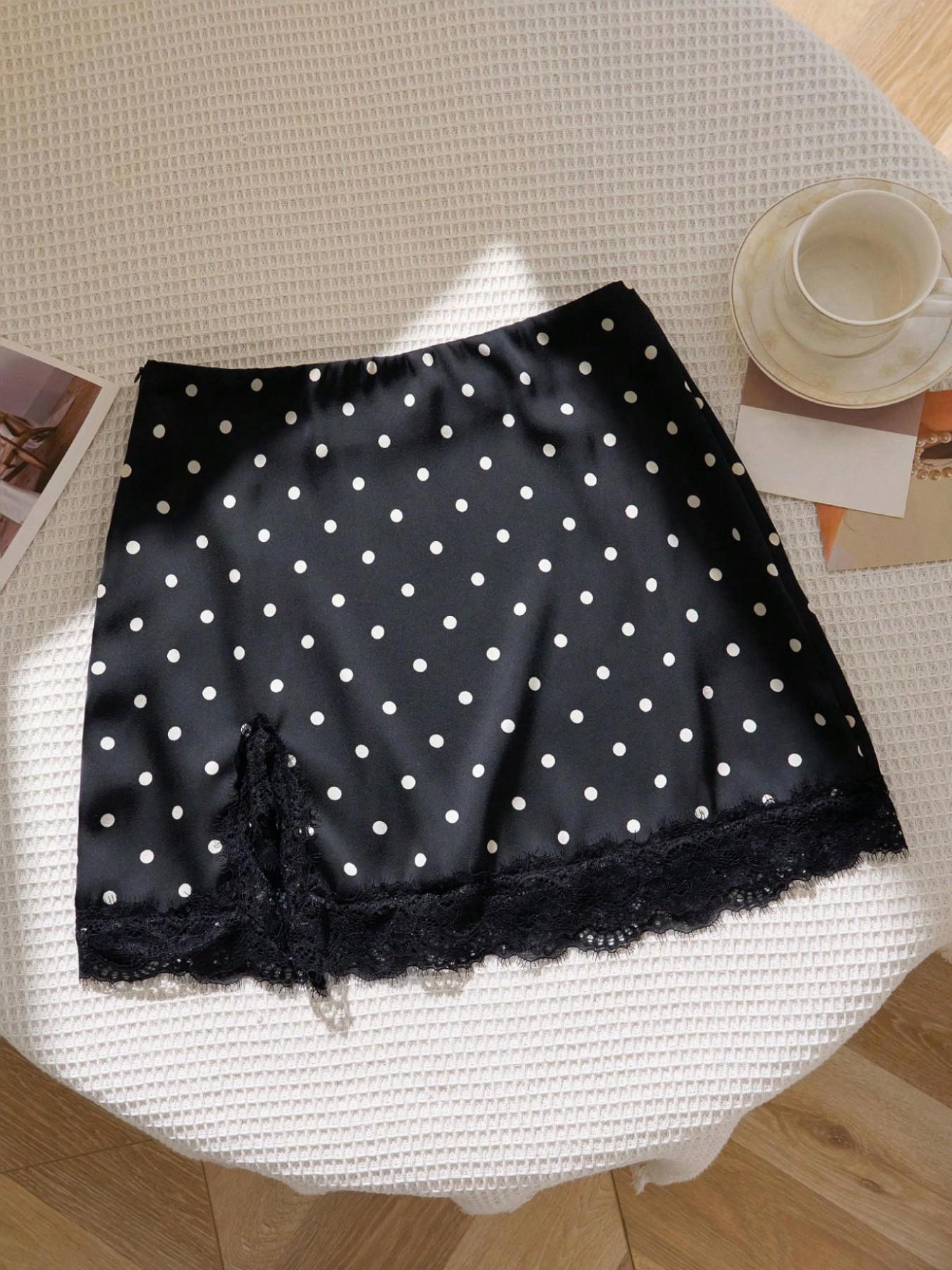Polka Dot Satin Lace High Waist A-Line Mini Skirt, Elegant Vintage Smooth Casual Flowy Short Dress for Women