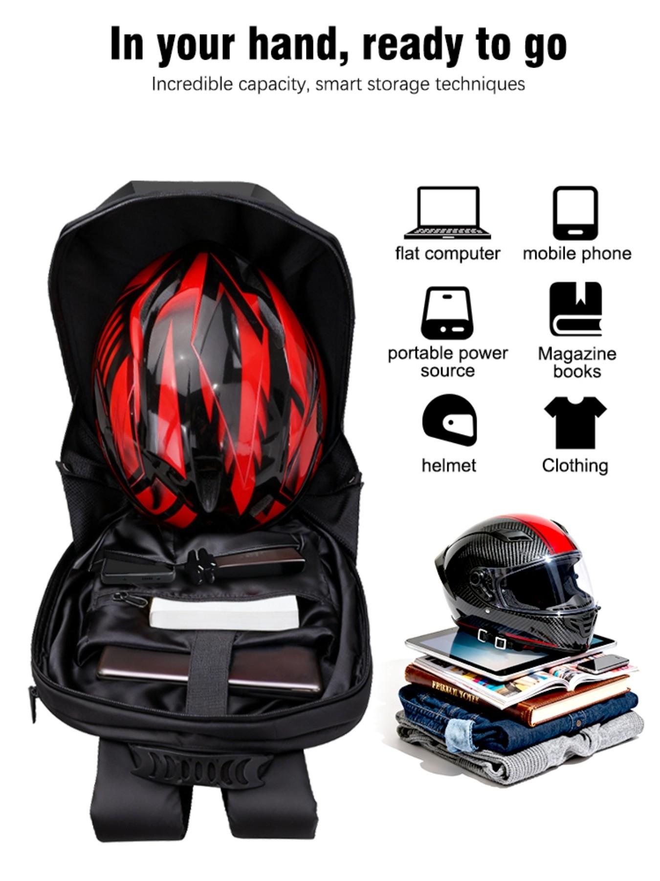 LED Motorcycle Backpack with Programmable Rider Eye and RGB Lighting, USB APP Control, Expandable Storage, Durable Design
