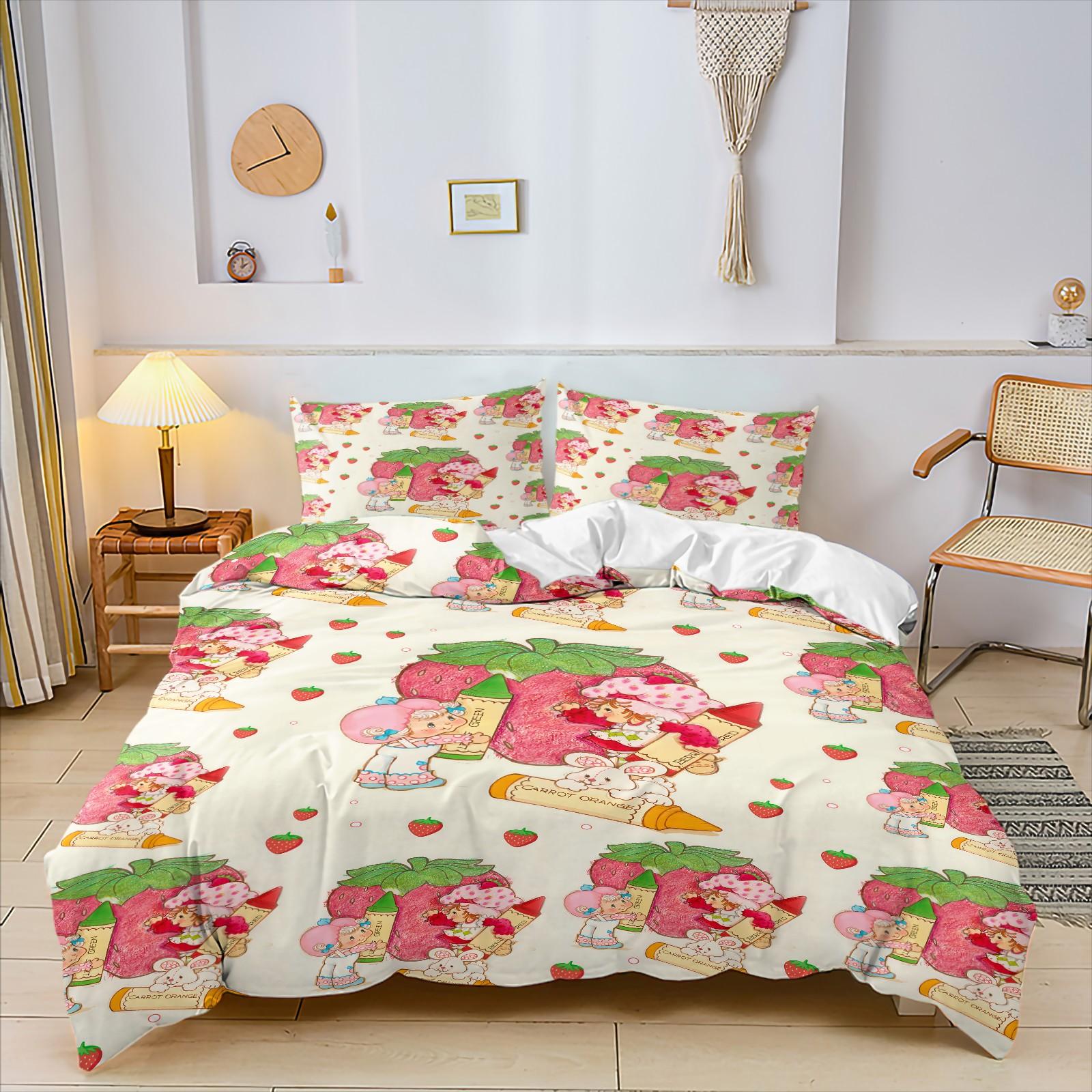 Vintage Strawberry Girl Cartoon 3-Piece Duvet Cover Set, Ultra-Soft Microfiber Bedding with 2 Pillowcases, Cute Kawaii Style Bedding for Kids Girls Bedroom Dorm Decor