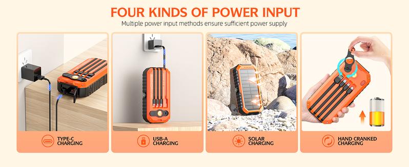 40000mAh Solar Power Bank with Hand Crank, Built-in 4 Wires, Compass & Level, PD20W Fast Charging, LED Flashlight - Portable Emergency Charger for Camping, Hiking, Travel & Outdoor Activities
