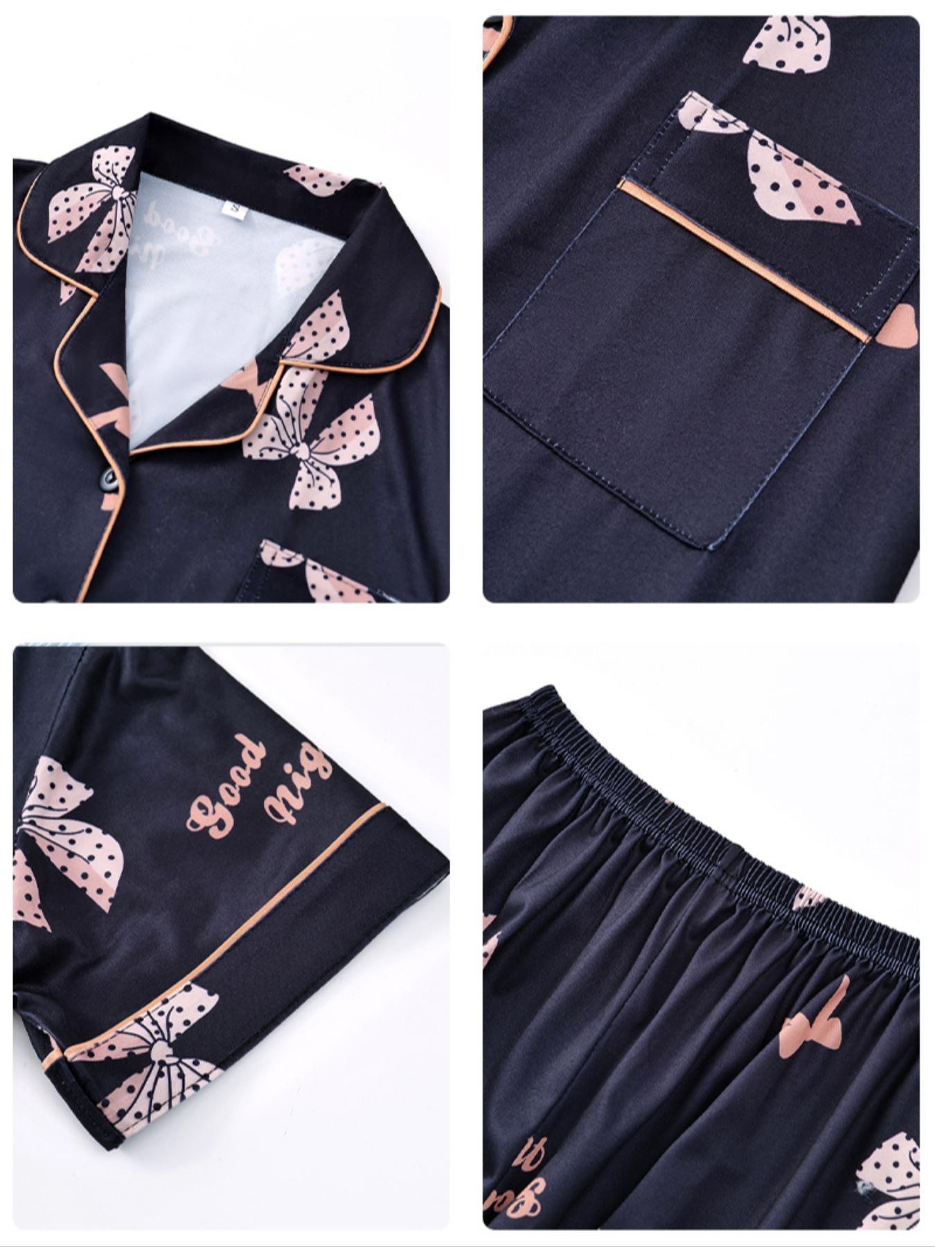 Women's Bow Print Pajama Set, Comfortable Sleepwear for All Seasons, Includes Top & Shorts/pants, Home Wear, Casual Nightwear