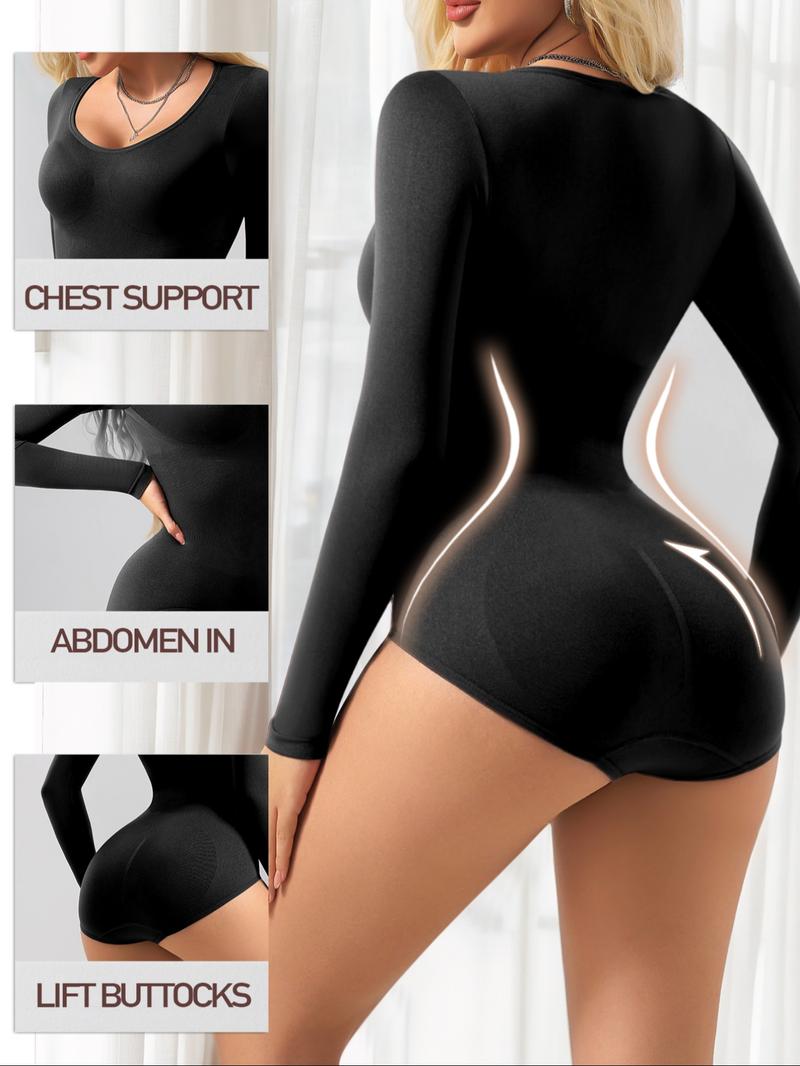 Women's Ribbed Abdomen Control Bodysuit, Long Sleeve Seamless T Shirt,Comfortable Scoop Neck Body Suit Stretchy Basic Tops, Fit Soft Elastic Fabric, Perfect For Daily Wear and  Going Out,Shapewear For Fall&Winter