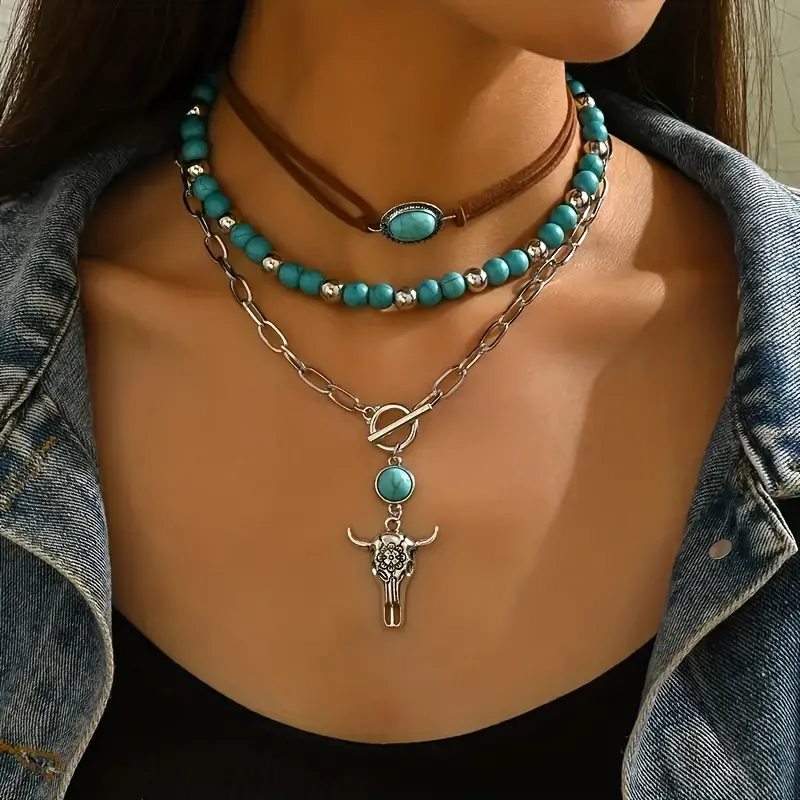 3Pcs Vintage Bohemian OT Chains - Bull Head Cap - Beaded Necklace - Western Cowboy Ethnic Style Women's Fashion Pendant Necklace