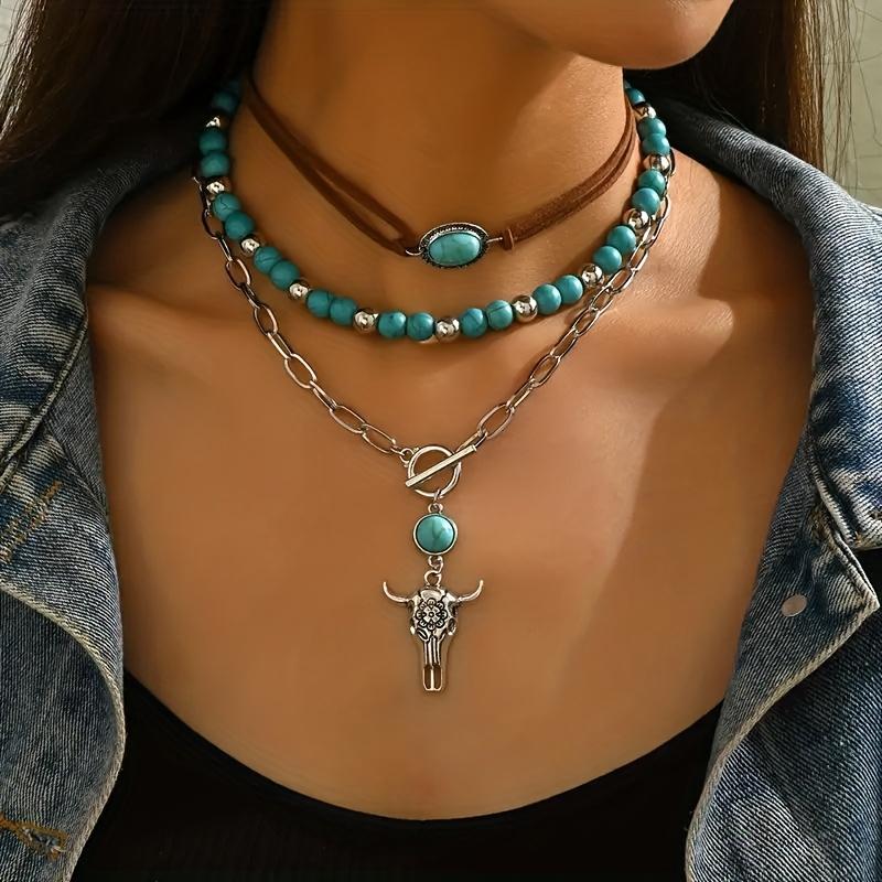 3Pcs Vintage Bohemian OT Chains - Bull Head Cap - Beaded Necklace - Western Cowboy Ethnic Style Women's Fashion Pendant Necklace