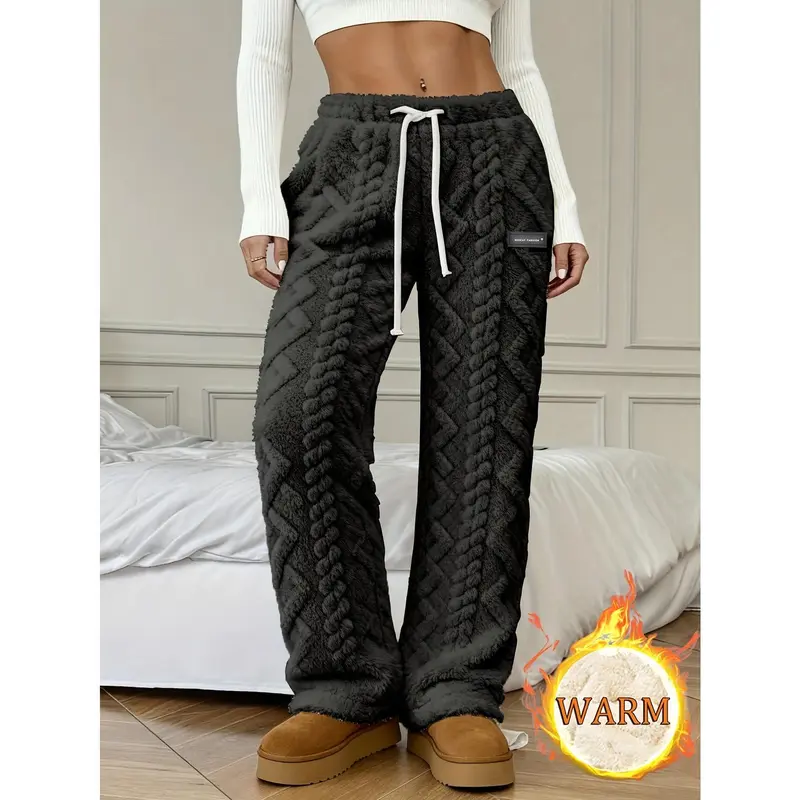 Women’s Soft Cotton Loose-Fit Trousers, Cosy Winter Lining, Simple Drawstring Closure & Unique Jacquard Detailing, Relaxed Bottoms for Daily Errands & Warm Indoor Lounging
