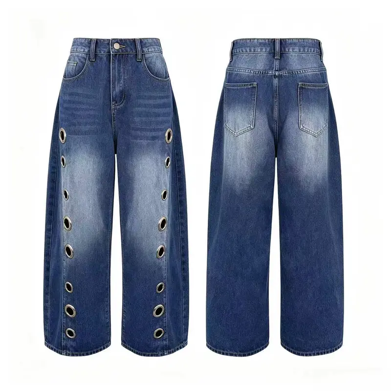 Women's High Waist Geometric Eyelet Cotton Mix Denim Style Jeans - Baggy Wide-Leg Cropped Bottoms with Side Pockets, Zip Fasten, Casual Fashion Fabric, 2026 Fall Festival Streetwear, Cold Wash Y2K Clothing Women's High Waist Geometric Eyelet Cotton Mix Denim Style Jeans - Baggy Wide-Leg Cropped Bottoms with Side Pockets, Zip Fasten, Casual Fashion Fabric, 2026 Fall Festival Streetwear, Cold Wash Y2K Clothing