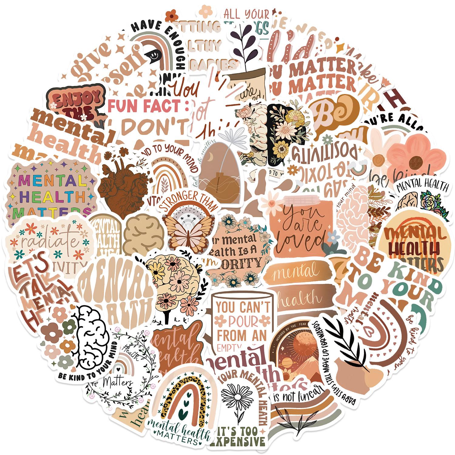 50 Pack Bohemian Style Mental Health Awareness Vinyl Stickers, Colorful Motivational Decals for Laptops, Phones, Cellphone, Bottles, Phone Case, Casing and More