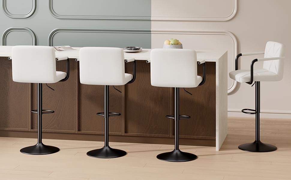 Modern Bar Stools Set of 2 Upholstered Faux Leather Barstools with Back and Arms Height Adjustable Bar Chairs Waterproof Counter Barstools for Kitchen Bar Dinning Room, Black