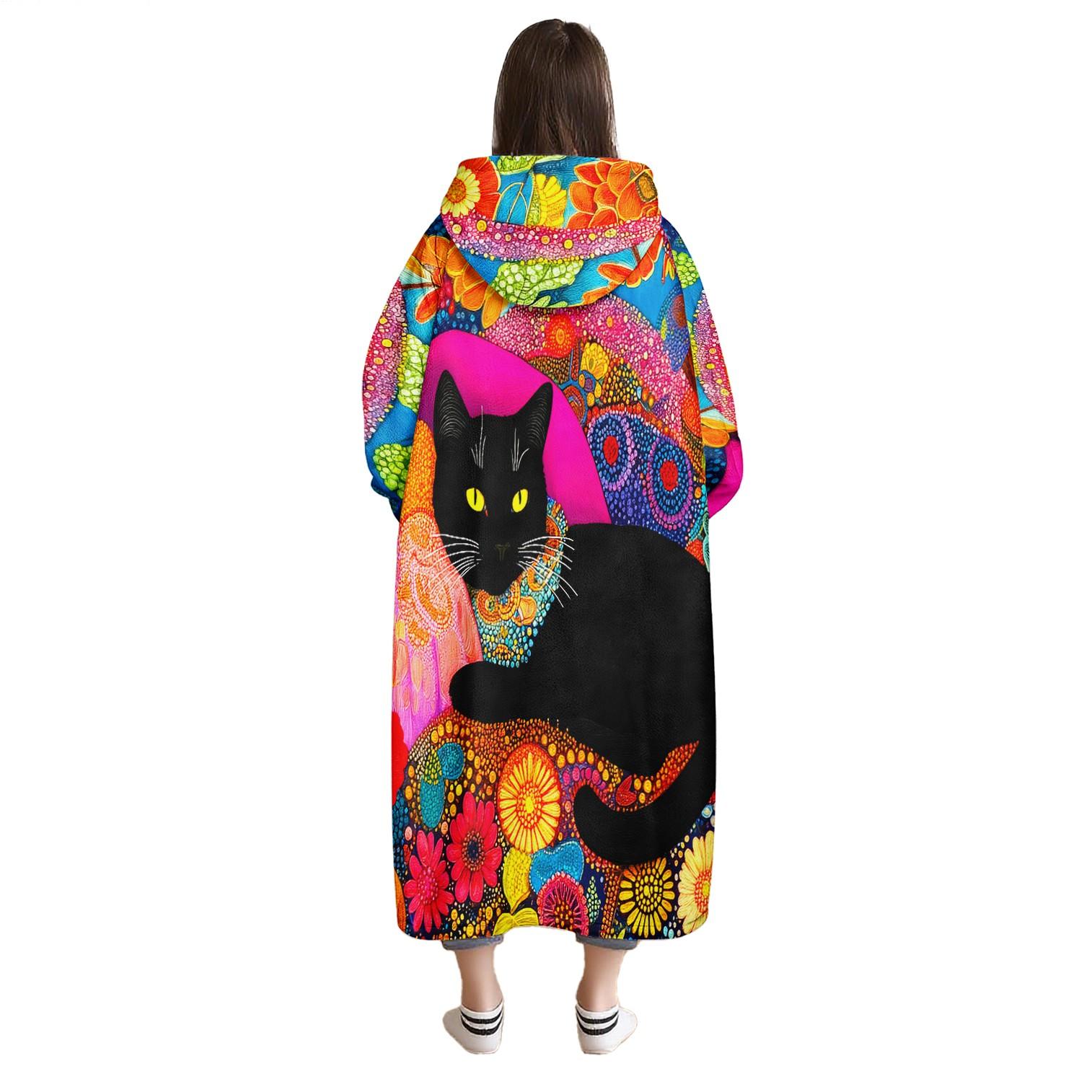 Hooded Blanket Wearable Throw, Vintage Cat Print Hoodie Blanket, Soft Warm Flannel Blanket for Sofa Home Leisure Air Conditioning Nap Office Bed Camping Travel Valentine's Gift