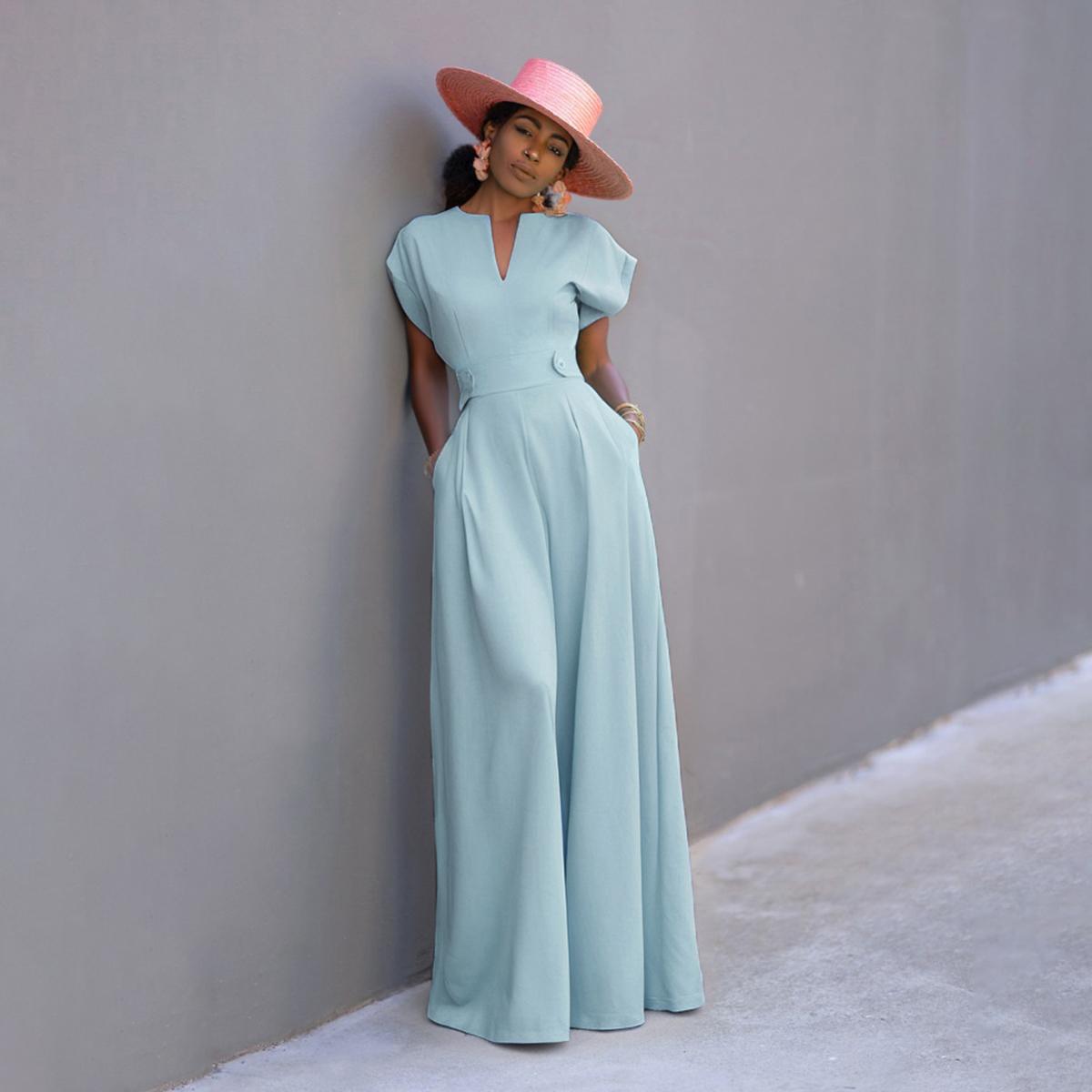 UOOZEE Women's Basic Cap Sleeve Wide Leg Jumpsuit - Fitted Polyester Work Outfits Womenswear Overall with V-Neckline - Chic & Elegant Style (the size is one size smaller,it is recommended to order a size larger) Shortsleeves teacher/interview outfits