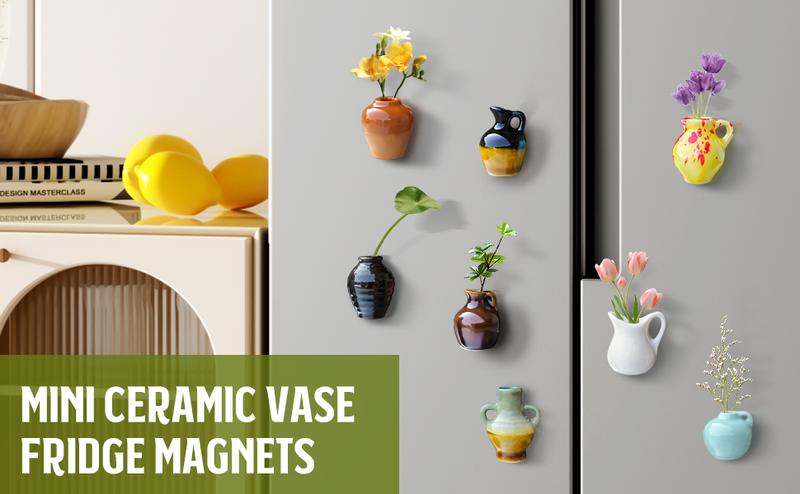 8 PCS Mini Vase Magnets, 3D Ceramic Flower Vase Fridge Magnets Cute Tiny Plant Vases for Refrigerator Accessories Kitchen Locker Office Decoration, Magnetic Vases Home Decorative Fridge Art