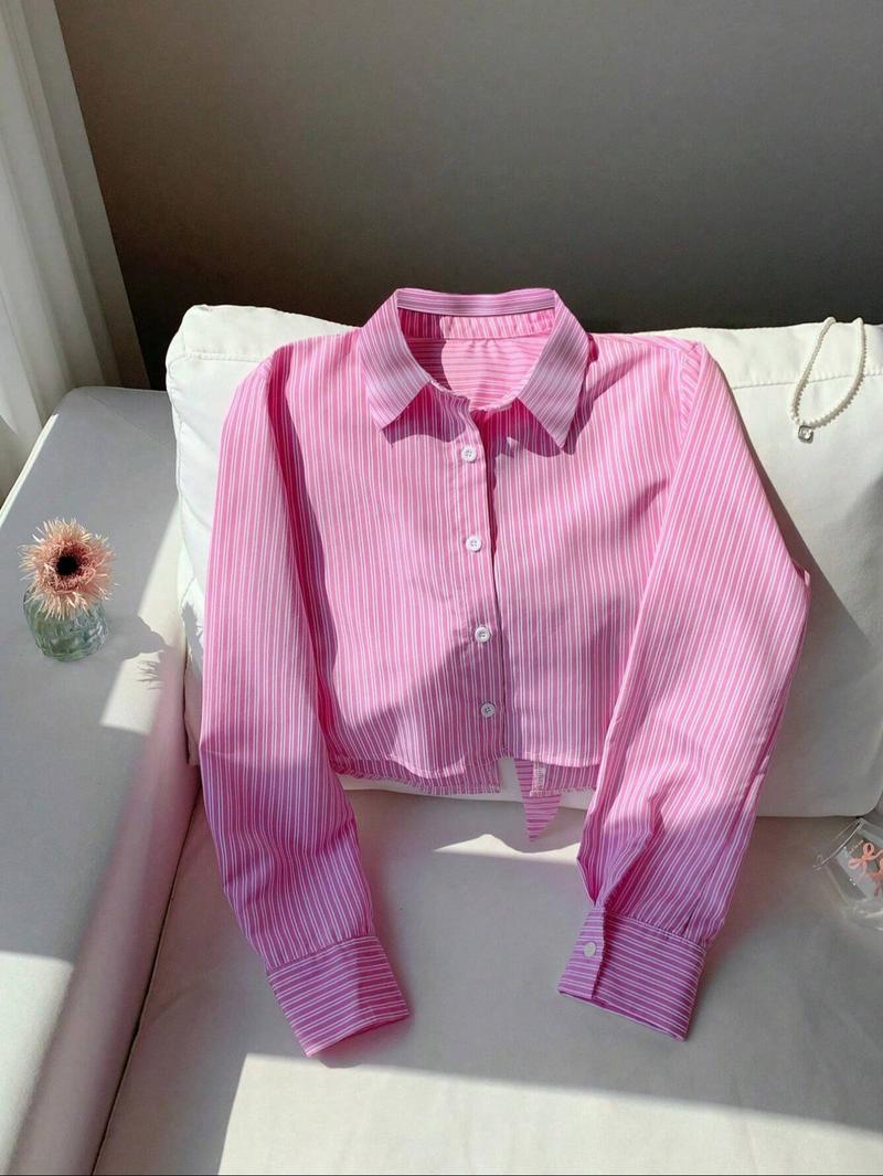 Women's Striped Print Shirt, Casual Comfy Shirt, Casual Long Sleeve Collared Top for Daily Wear, Ladies Clothes for All Seasons