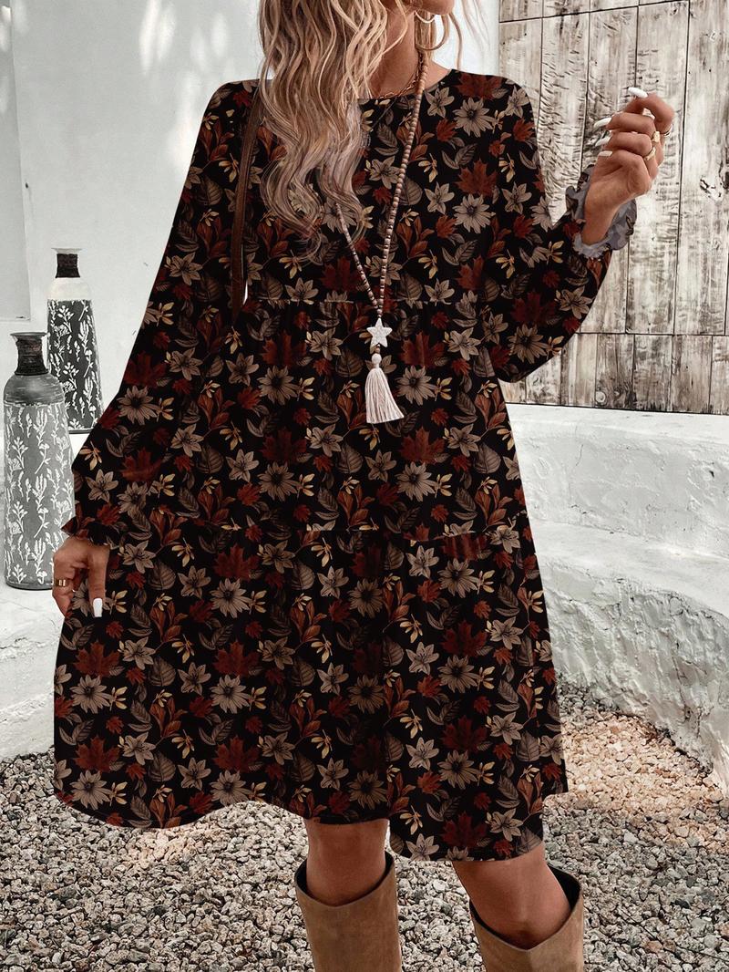 Women's Floral Print Tie Neck Flounce Sleeve Dress, Elegant Fashion Casual Dress for Daily Outdoor Wear, Women Dress for Spring Fall