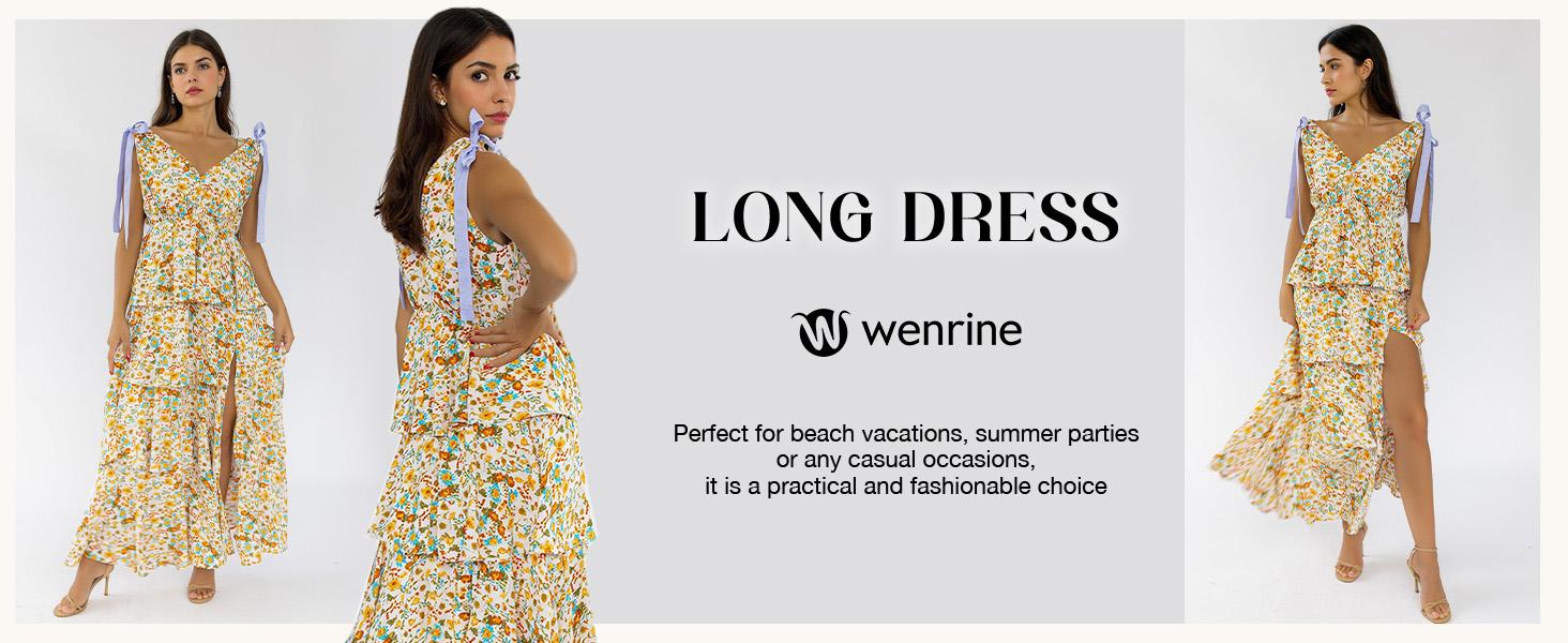 Wenrine Women’s Summer Floral Maxi Dress Tie Strap Sleeveless V Neck High Slit Boho Ruffle Tiered Beach Dresses