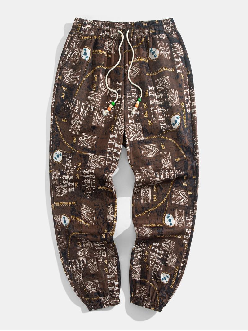 Men's Ethnic Pattern Drawstring Waist Pants, Boho Casual Comfy Trousers for Daily Wear, Men's Bottoms for Summer, Menswear