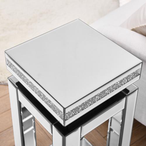 Mirror round table with crystal inlay, 2-layer modern small sofa table with storage space, silver decorative table suitable for living room, bedroom, coffee and small spaces Rectangular Tabletop White